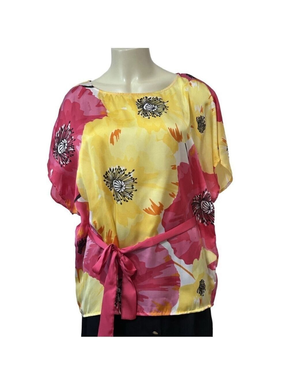 Rafaella Studio Floral Boat-Neck Blouse Pink Yellow Black Size 10